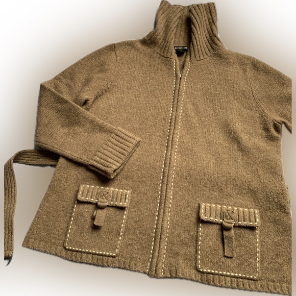 Paraphrase belt & zip closure brown wool cardigan with 2 front pockets, XL - Picture 2 of 9